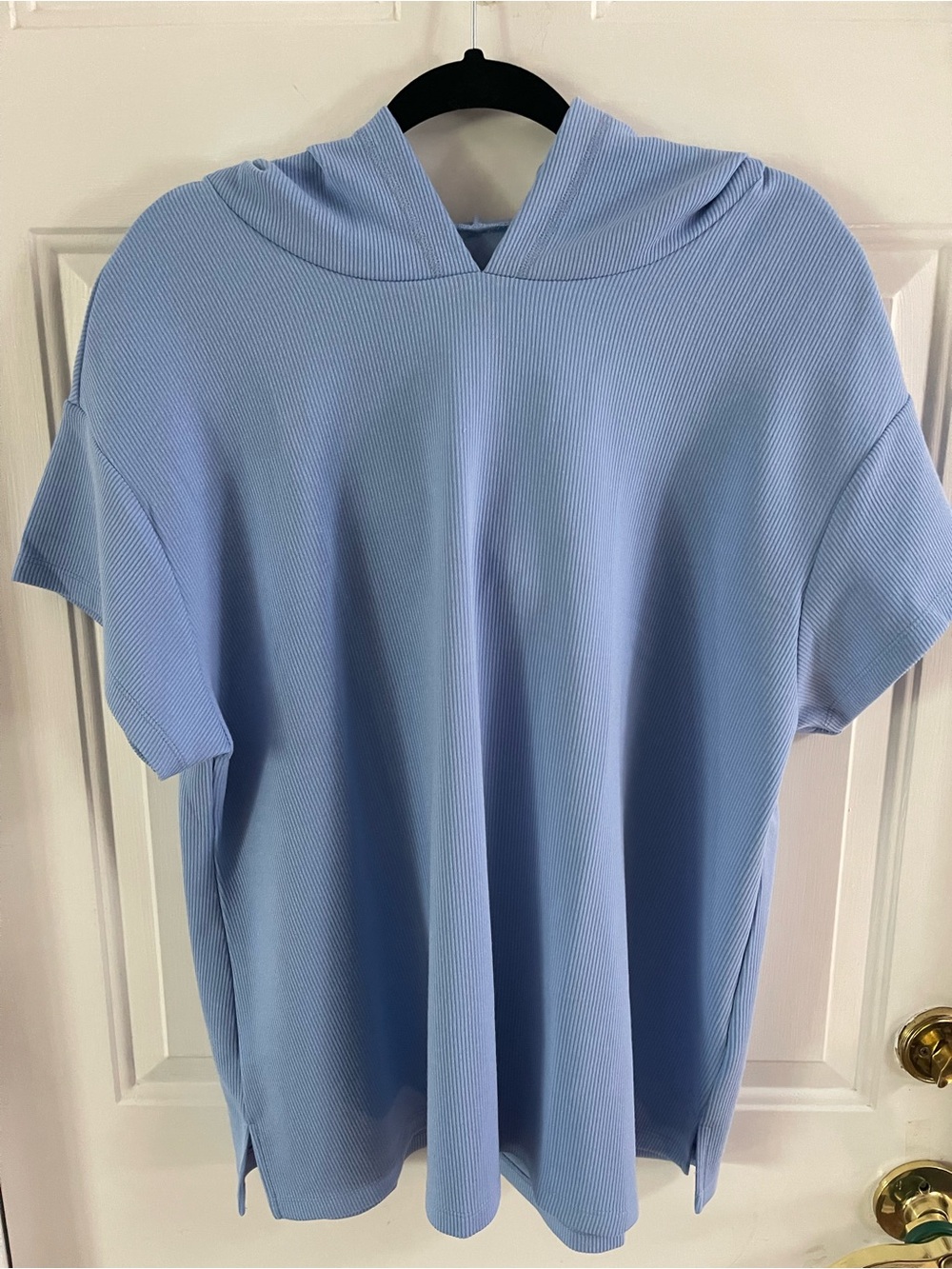 Lane Bryant Light Blue Ribbed Hooded Short Sleeve Top New